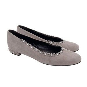 Stuart Weitzman Sparky Crystal Flats Taupe Suede Leather Embellished Size 7.5